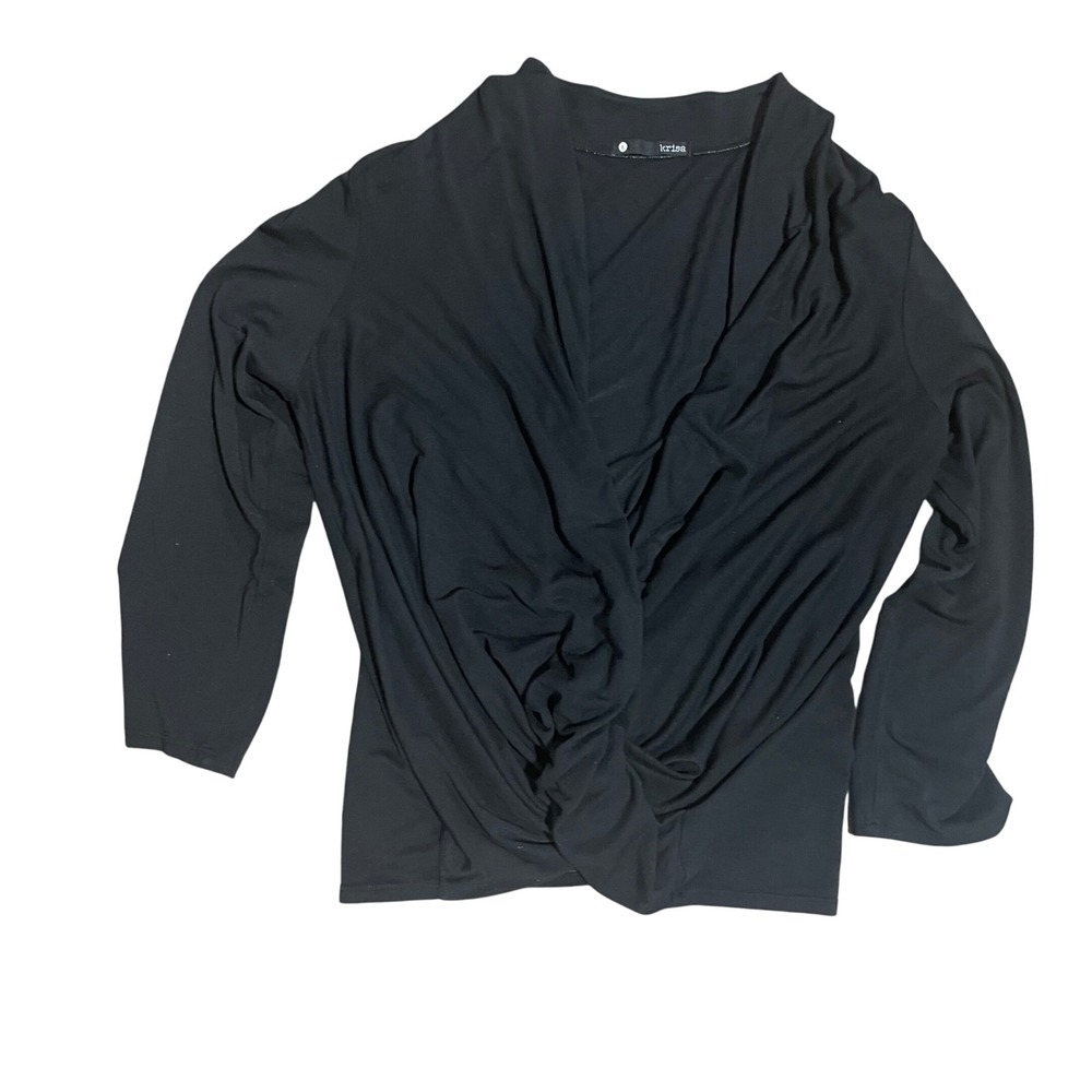 Krisa Black Twist Front Draped V-Neck Long Sleeve Top KT-1253 Womens Large USA‎